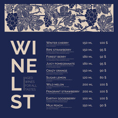 Types of wine grapes. Drink passport. Wine list.  Bar menu. Vineyard pattern. Linogravure. Social media post. Alcohol menu in blue colors. 
