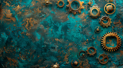 Abstract background with rusty metal texture and gears. Free copy space for text.