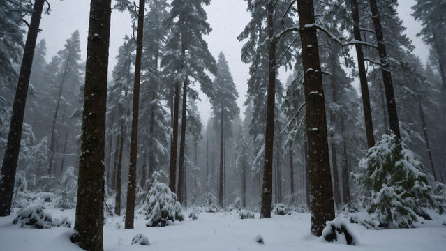 A snow-covered forest with tall trees and rocks visible through the snow