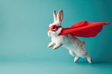 Superhero rabbit, Cute bunny with a red cloak and mask jumping and flying on blue background with copy space. The concept of a superhero, funny pet, leader, funny animal studio shot - obrazy, fototapety, plakaty