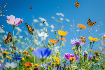 fiel with scenic wild flowers and butterflies close up