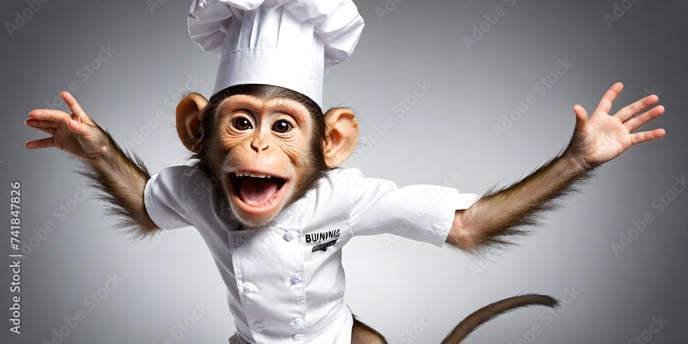 Wall mural Cute monkey jumping with happiness wearing a chef's hat on a light plain background. Creative concept of animal cooks. Food promotion banner with copy space.