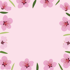 Fototapeta na wymiar Seamless pattern of blooming pink flowers and green leaves. Vector illustration