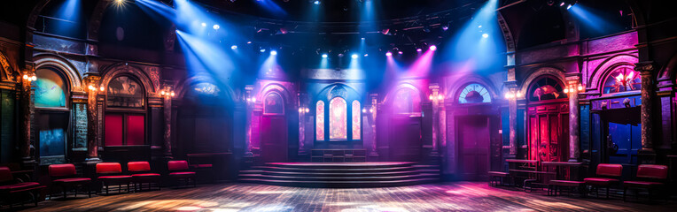 An empty dance floor bathed in vibrant blue violet lighting