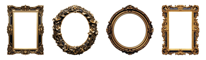 set of vintage round and square black gold frame elements luxury and elegant motifs, generative ai