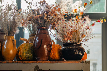 Dried flowers in earthenware pots with pumpkins. Rustic autumnal display on a wooden shelf. Harvest...