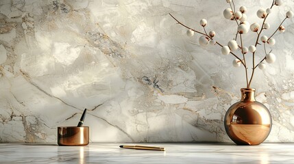 A marble backdrop, subtly illuminated to reveal its exquisite patterns, with a golden pen and inkwell placed to one side.