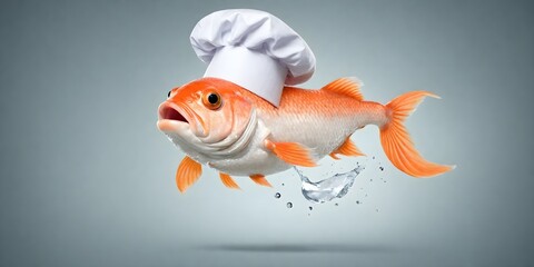 Cute fish jumping with happiness wearing a chef's hat on a light plain background. Creative concept of animal cooks. Food promotion banner with copy space.