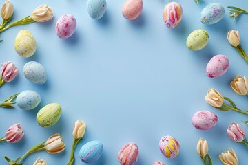 Top photo of Easter eggs and flowers on a pastel blue background with empty space in the middle.