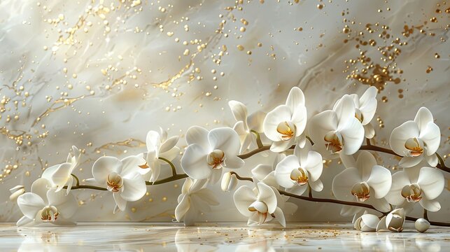 An elegant marble tableau, adorned with a minimalist arrangement of white orchids and scattered gold dust. 