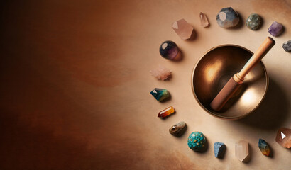 Tibetan singing bowl surrounded by an assortment of  gems and semiprecious stones. Concept of alternative medicine and sound healing. - obrazy, fototapety, plakaty