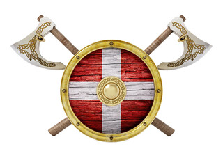 Viking shield and axes isolated on transparent background. 3D illustration