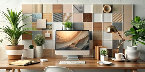 stylish mood board, computer, office