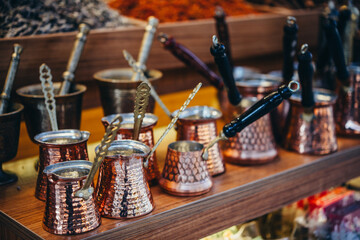 Turkish copper coffee pots on sale at one of the markets in Istanbul, Turkey. - 741850847