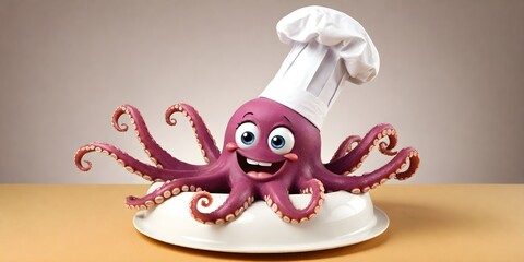 Cute octopus jumping with happiness wearing a chef's hat on a light plain background. Creative concept of animal cooks. Food promotion banner with copy space.