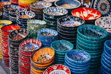 Collection of turkish ceramics on sale at the Grand Bazaar in Istanbul, Turkey. - 741850886