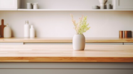 Empty dinning table with blurred kitchen background
