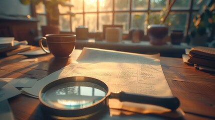 A high-angle view of a magnifier lens resting on a desk next to an open document folder, with soft natural light streaming in from a nearby window, creating a serene atmosphere conducive to focused - obrazy, fototapety, plakaty