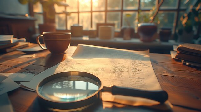 A high-angle view of a magnifier lens resting on a desk next to an open document folder, with soft natural light streaming in from a nearby window, creating a serene atmosphere conducive to focused