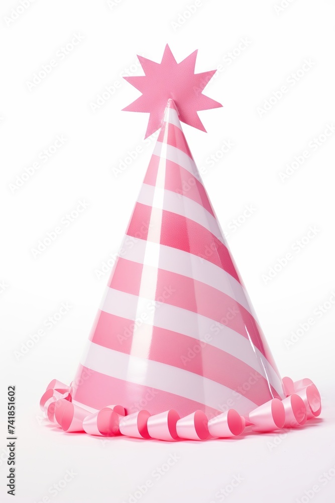 Poster Pink Striped Party Hat isolated on white, Elegant Pink Party Hat with Feather Trim, Pink Birthday Party Hat with Fluffy Pom-Pom, Festive Birthday Party Hat, White Background,Party Hat,Easy to Cut Out
 - Posters