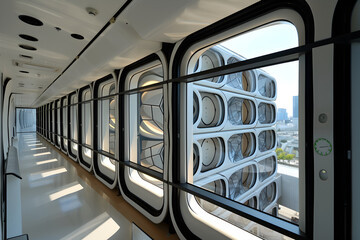 design ad for futuristic Capsule hotel in Japan. travel, tourism. evening, japanese culture