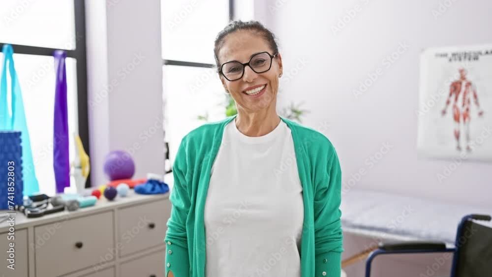 Canvas Prints Confident middle-aged hispanic woman physio therapist beaming a cool, happy smile in a rehab clinic