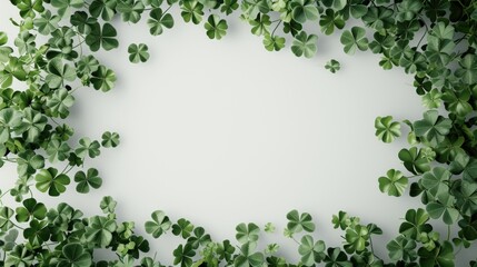 The image features a collection of green clover leaves of varying sizes creating a natural frame against a bright white background, with a clear space in the center suitable for text or additional gra