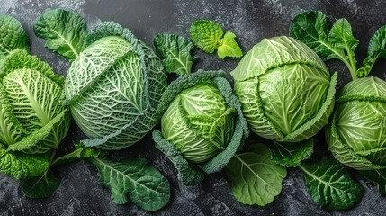 Group of Green Cabbages With Leaves