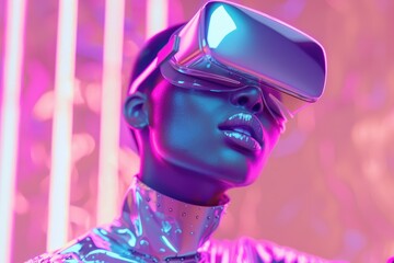 A woman fully immersed in a virtual world, her human face adorned with a vibrant magenta and violet headset, showcasing the power of technology and the endless possibilities of imagination