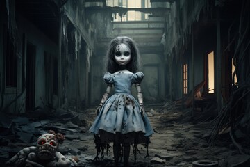 Halloween nightmare: a spooky zombie doll standing near dilapidated ruins.