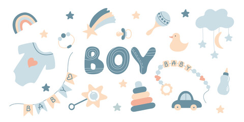 Baby Boy Accessory Collection. Newborn cute cartoon elements isolated on white. Flat vector kids Nursery toys. Boys set in pastel colors for design. Items for child playing