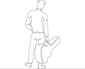 Musician with a musical case. A man with a musical instrument. A guitarist goes to a concert.One continuous line . Line art. Minimal single line.White background. One line drawing.