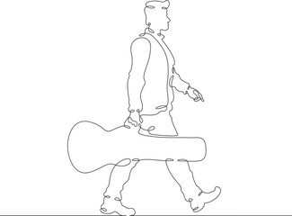 Musician with a musical case. A man with a musical instrument. A guitarist goes to a concert.One continuous line . Line art. Minimal single line.White background. One line drawing.