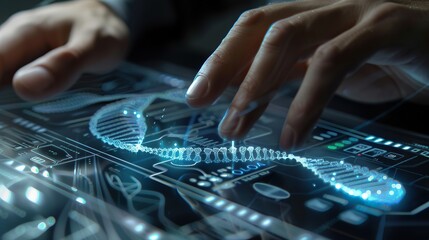 The image depicts a pair of human hands engaging with an advanced and virtual user interface that shows a luminous DNA helix structure in the process of sequencing or analysis, with various scientific