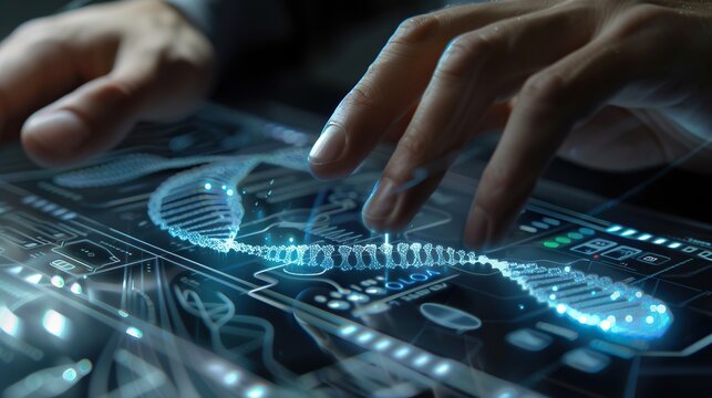 The image depicts a pair of human hands engaging with an advanced and virtual user interface that shows a luminous DNA helix structure in the process of sequencing or analysis, with various scientific
