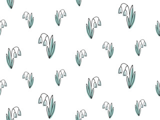 Hand drawn Spring Snowdrops Flowers. Seamless seasonal Pattern. Abstract floral botanical background for design. Cute simple Doodle wildflowers