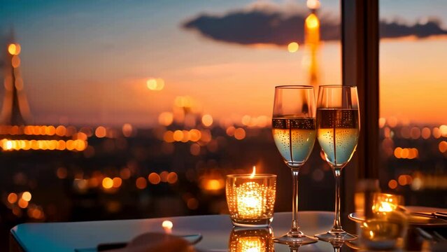 Parisian Perfection: An Intimate Evening with Champagne and Skyline Views. Generative ai
