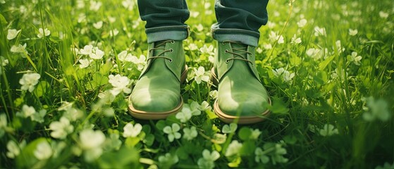 A leprechaun in green boots stands on the clover grass. Close-up of a man in green shoes. St.Patrick 's Day