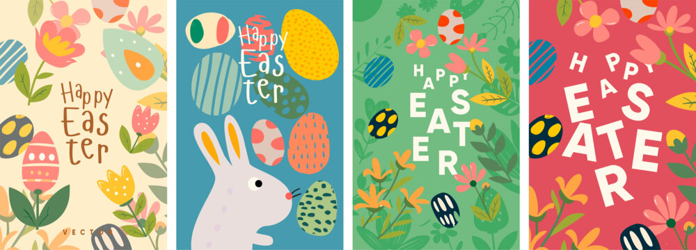 Quaint and colorful naive art vector illustrations showcasing a festive Easter theme with patterned eggs, blooming flowers, and playful rabbits, all exuding a cheerful Spring vibe.
