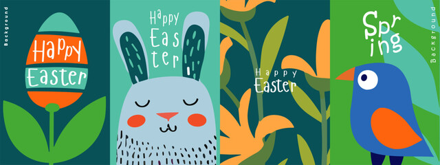 Delightful naive art vector illustrations for Easter, featuring a stylized egg, a content rabbit, and a charming bird, all with a 'Happy Easter' and 'Spring' message.