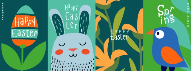 Fotobehang Delightful naive art vector illustrations for Easter, featuring a stylized egg, a content rabbit, and a charming bird, all with a 'Happy Easter' and 'Spring' message. © Molibdenis-Studio