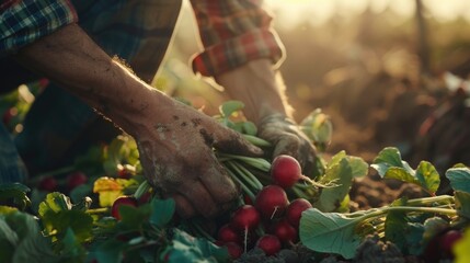 The image captures the hands of a person, clad in a checkered shirt, carefully pulling out a bunch of ripe red radishes from the soil in a sunlit garden, emphasizing a close connection with nature and - obrazy, fototapety, plakaty