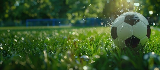 A classic black and white soccer ball rests on a lush green grass field, glistening with morning dew. Droplets of water are caught in mid-air around the soccer ball, suggesting a recent, energetic kic
