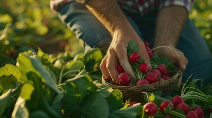 In the warm glow of sunlight, a person clad in a plaid shirt crouches in a lush field, their hands carefully gathering ripe red radishes into a traditional woven basket surrounded by vibrant green lea - obrazy, fototapety, plakaty