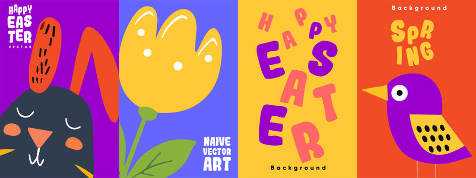 Vibrant collection of naive art style vector illustrations for Easter, featuring abstract rabbit and floral designs alongside bold typographic elements with a spring theme.