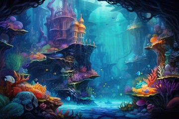 beautiful underwater kingdom with vibrant coral and smiling sea creatures. - obrazy, fototapety, plakaty
