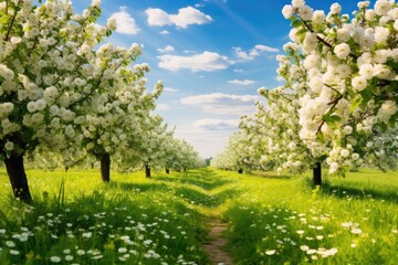 blooming apple orchard under a bright sunny sky. - obrazy, fototapety, plakaty