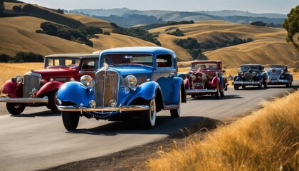 vintage, cars, scenic, road, trip, landscape, classic, journey, picturesque, convoy, elegance, automotive, history, chrome, polished, colors, Classic Cars Cruising Through Breathtaking