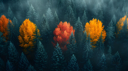 autumn leaves in the water 3d,
Foggy morning in the coniferous forest 