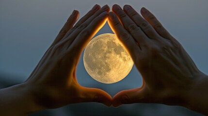 close-up of hands framing the moon, a symbolic representation of sighting the Shawwal moon
